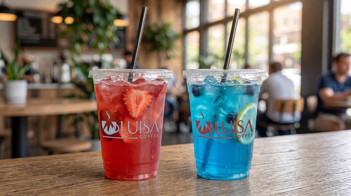 A strawberry refresher and a blueberry lime refresher in Luisa Coffee cups